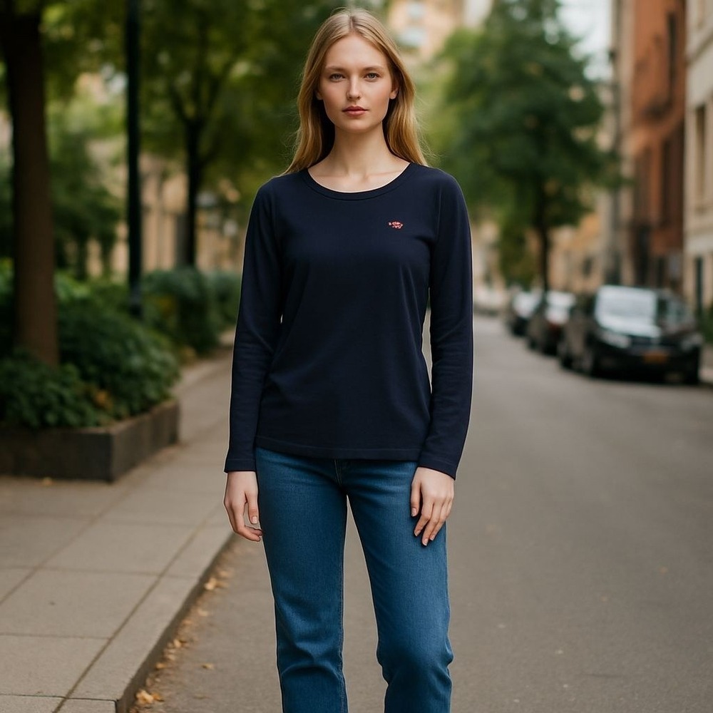 Levis Womens Top L Black Ribbed Knit Long Sleeve Boat Neck Logo Casual Pullover